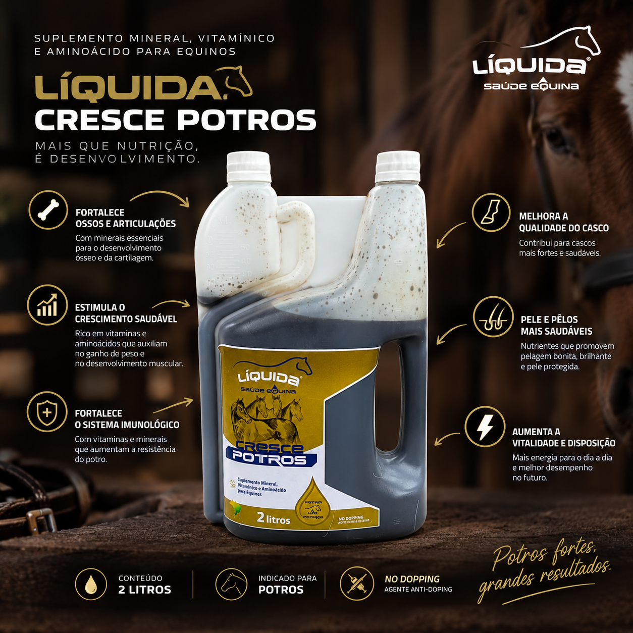 Cresce Potros Liquida Equinos — Suplemento Nutricional para Desenvolvimento e Crescimento de Potros