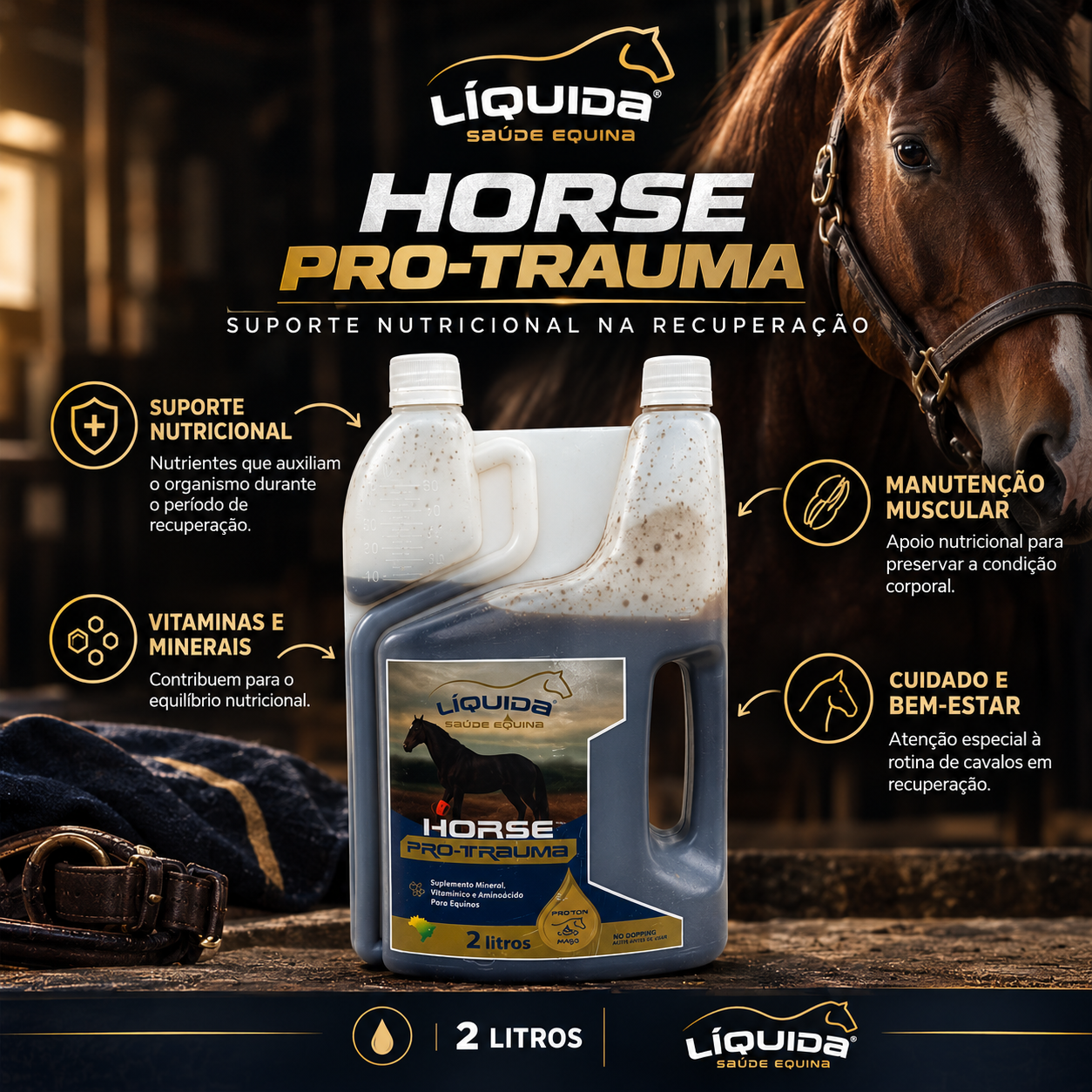 Horse Pro Trauma Liquida Equinos 2lt — Suplemento de Suporte à Recuperação de Cavalos em Situações de Trauma e Exigência Física