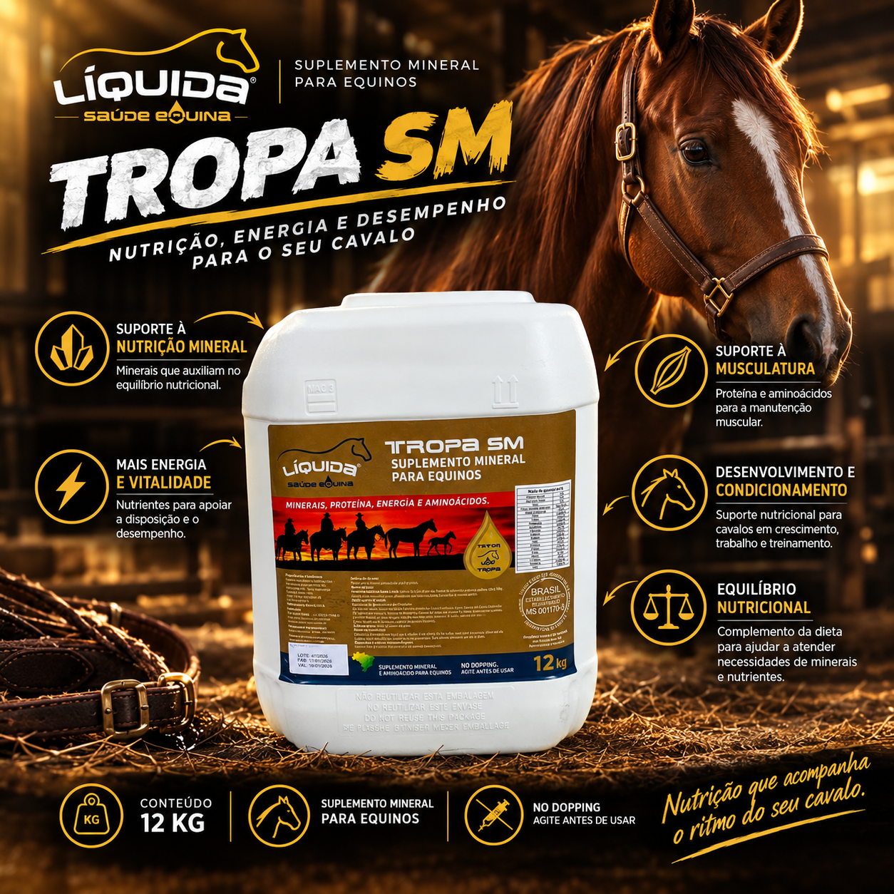 Tropa SM Liquida Equinos 12kg — Suplemento Mineral Completo para Grandes Tropas e Manejo