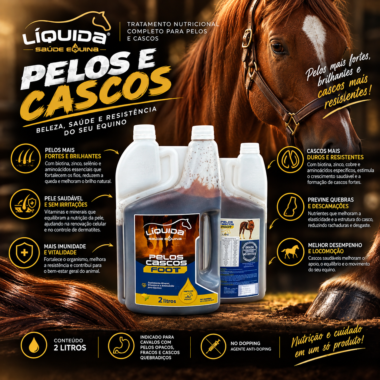 Pelos & Cascos 5lt Liquida Equinos — Suplemento Nutricional para Saúde, Força e Qualidade dos Cascos e Pelagem