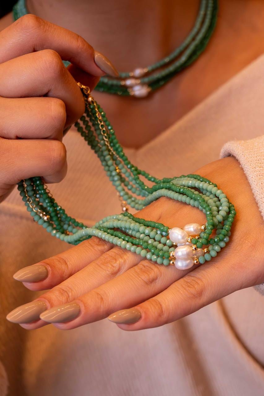 Choker Cristal Verde Claro Pérola de Água Doce