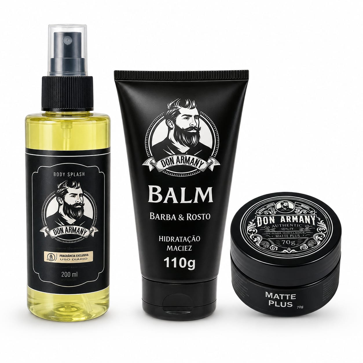 Kit Don Armany Completo – Body Splash 200ml + Balm Barba & Rosto 110g + Matte Pl