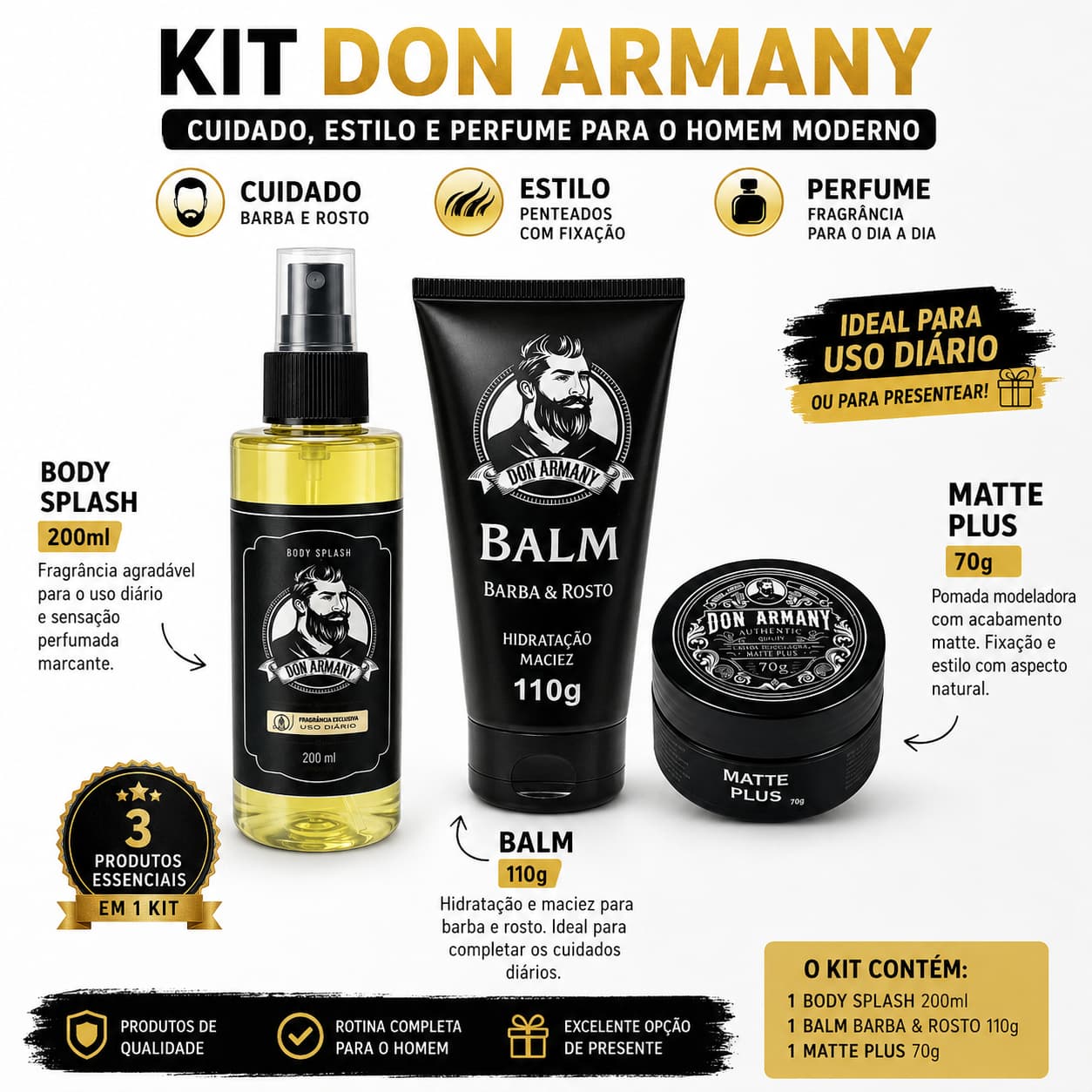 Kit Don Armany Completo – Body Splash 200ml + Balm Barba & Rosto 110g + Matte Pl