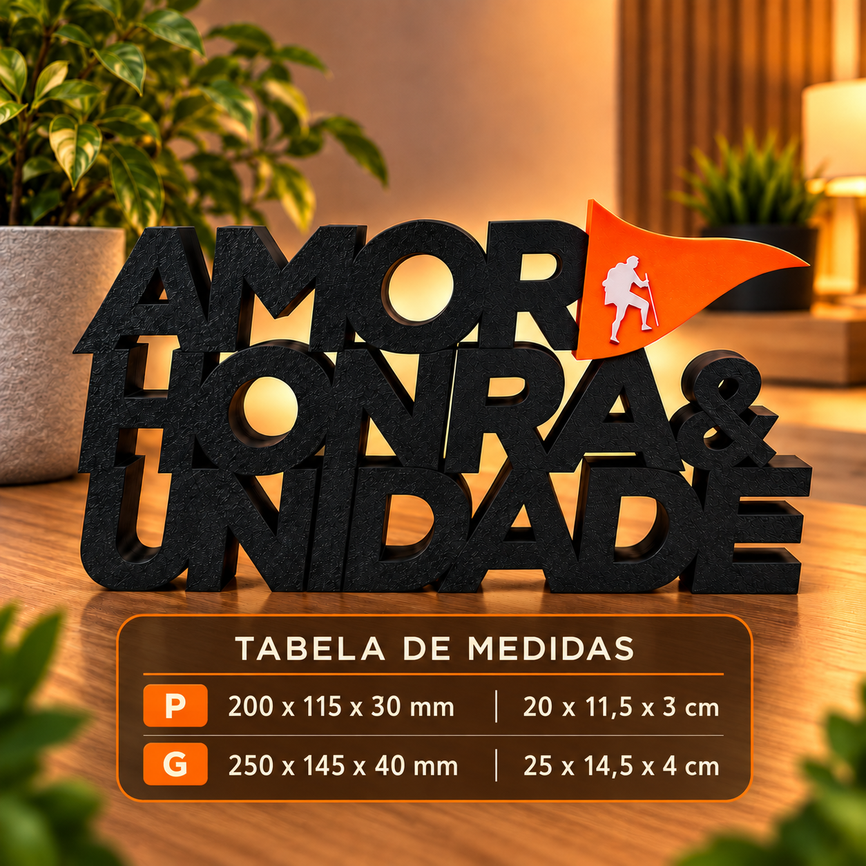Enfeite de mesa Legendário AMOR HONRA & UNIDADE 3D Decorativo preto com laranja