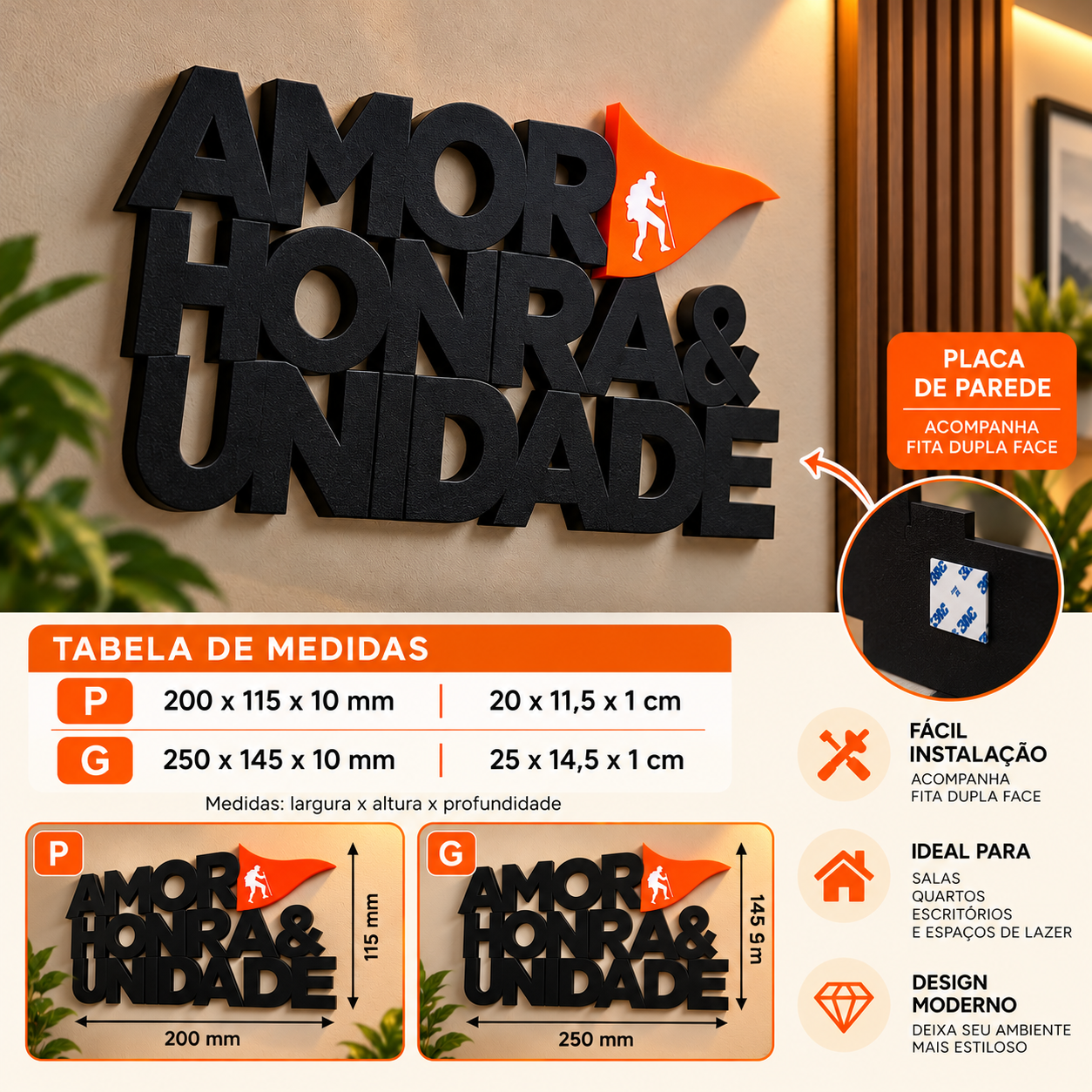 enfeite de parede com dupla face AMOR HONRA & UNIDADE preto com laranja