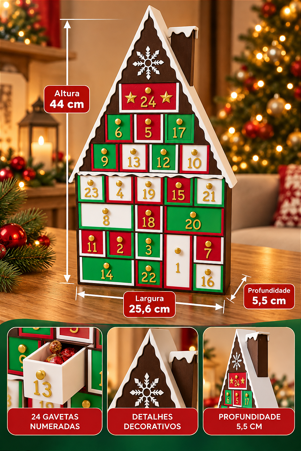 Calendário do Advento Natalino 3d em Formato de Casinha com 24 Gavetas Decorativas
