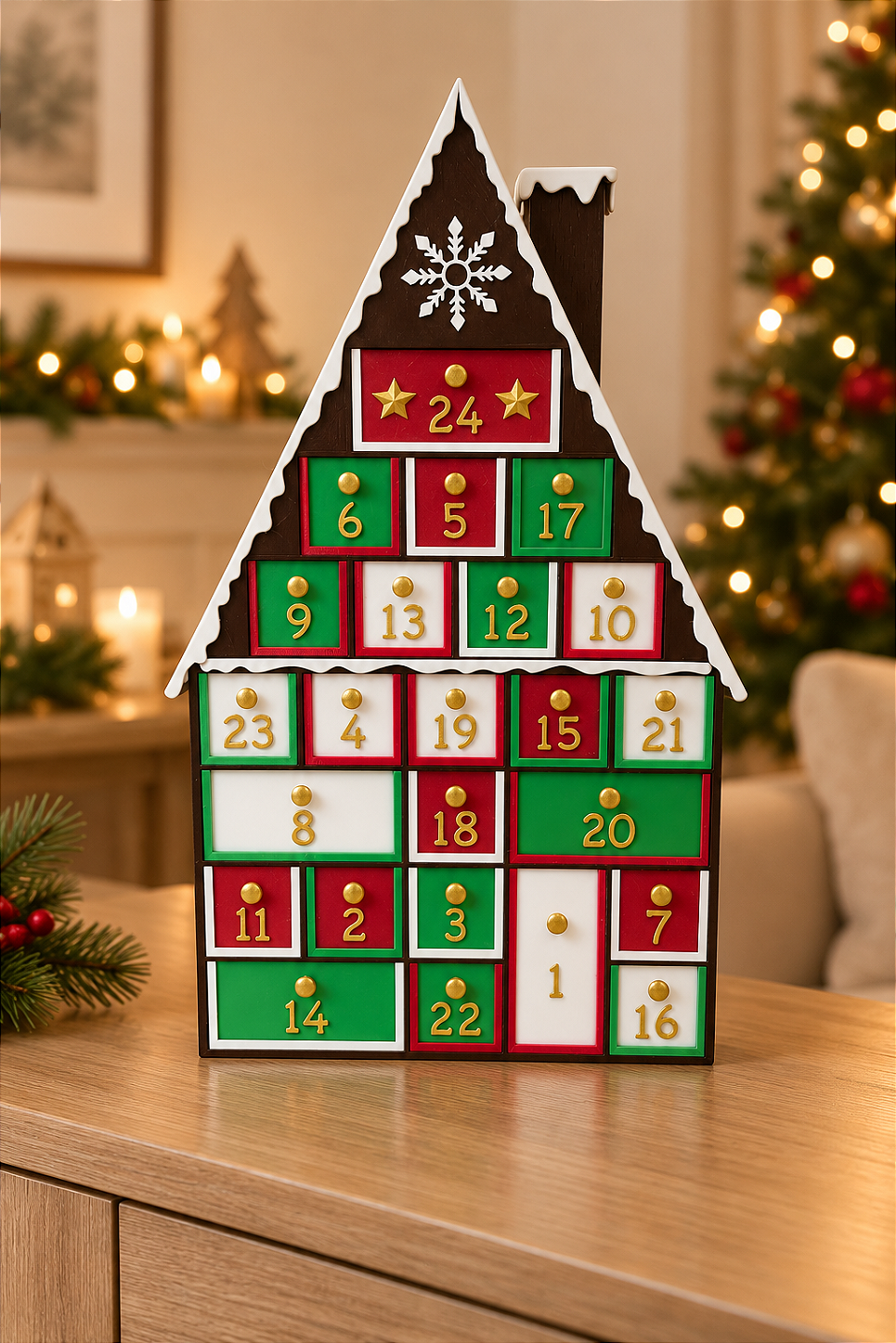 Calendário do Advento Natalino 3d em Formato de Casinha com 24 Gavetas Decorativas