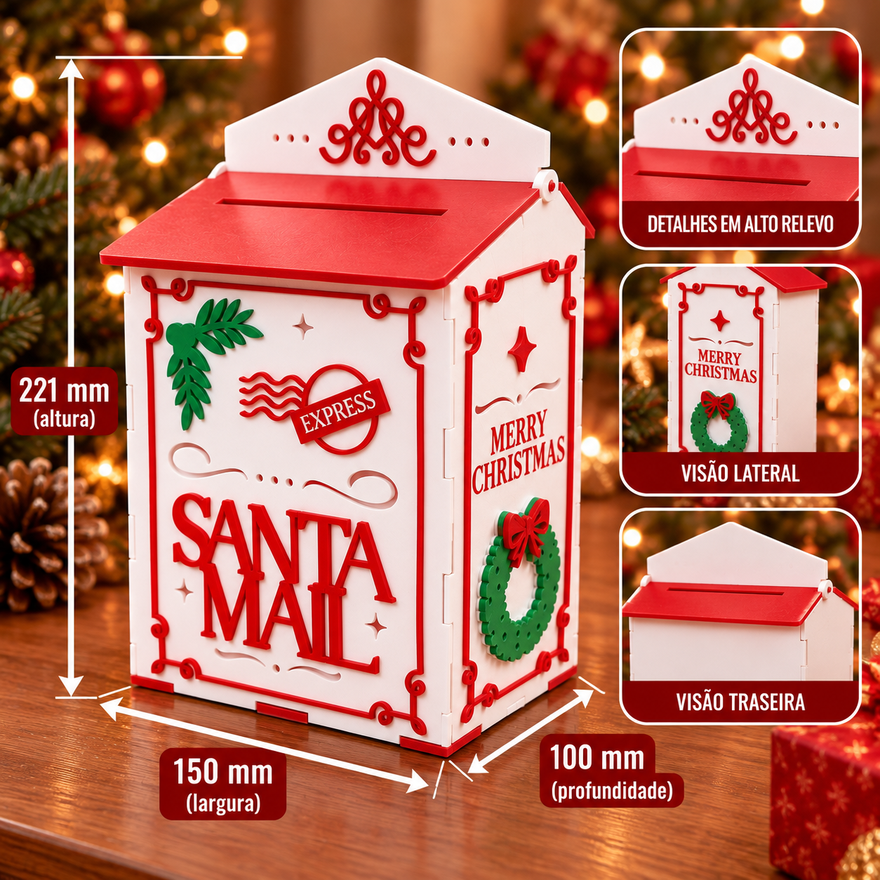 Caixa de Correio do Papai Noel Decorativa Natalina 3D 22cm
