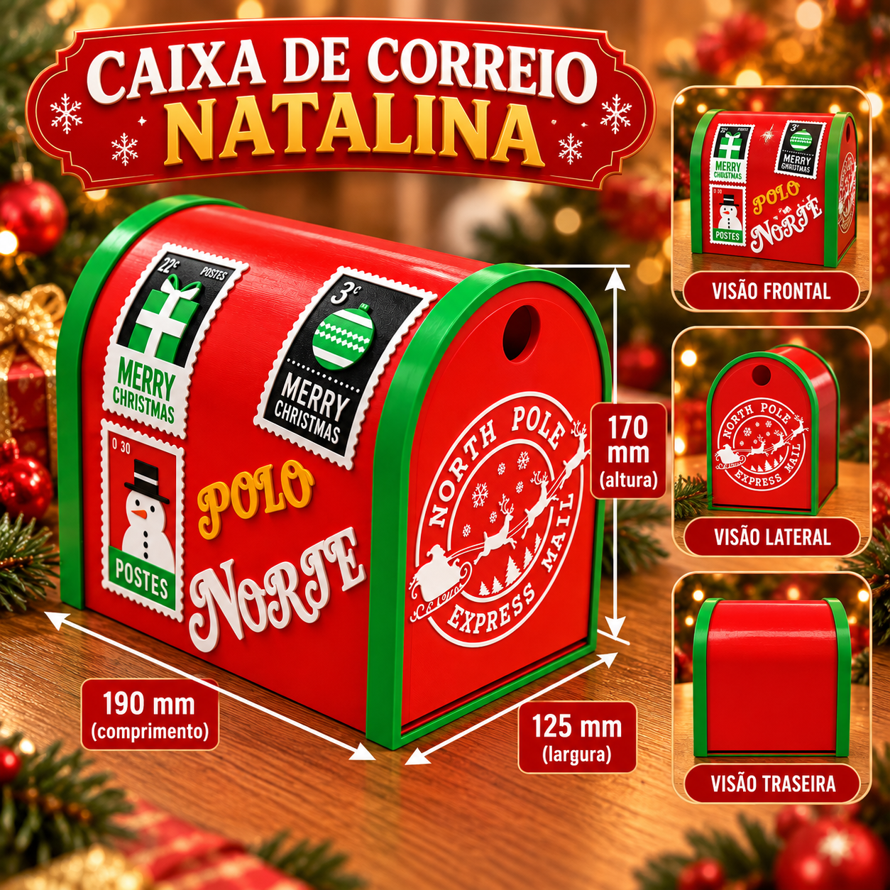 Caixa de Correio do Papai Noel Polo Norte Decorativa Natalina 3D