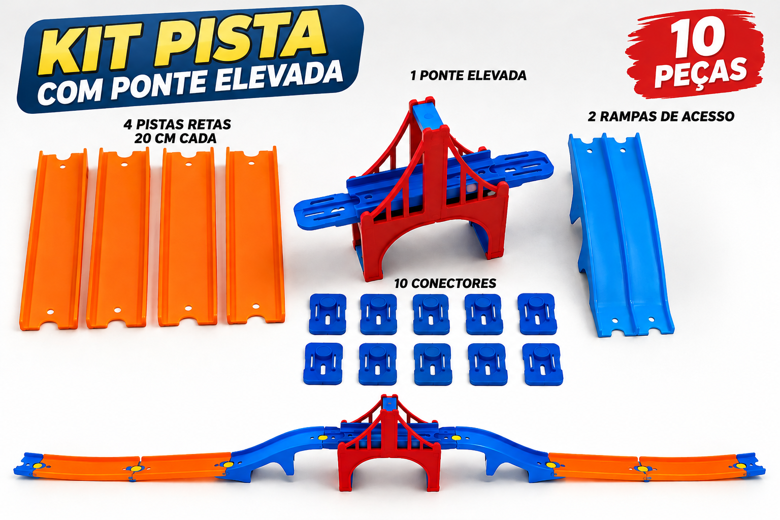 Kit Pista Hot Wheels com Ponte Suspensa 4 Retas de 20 cm e Conectores 3D