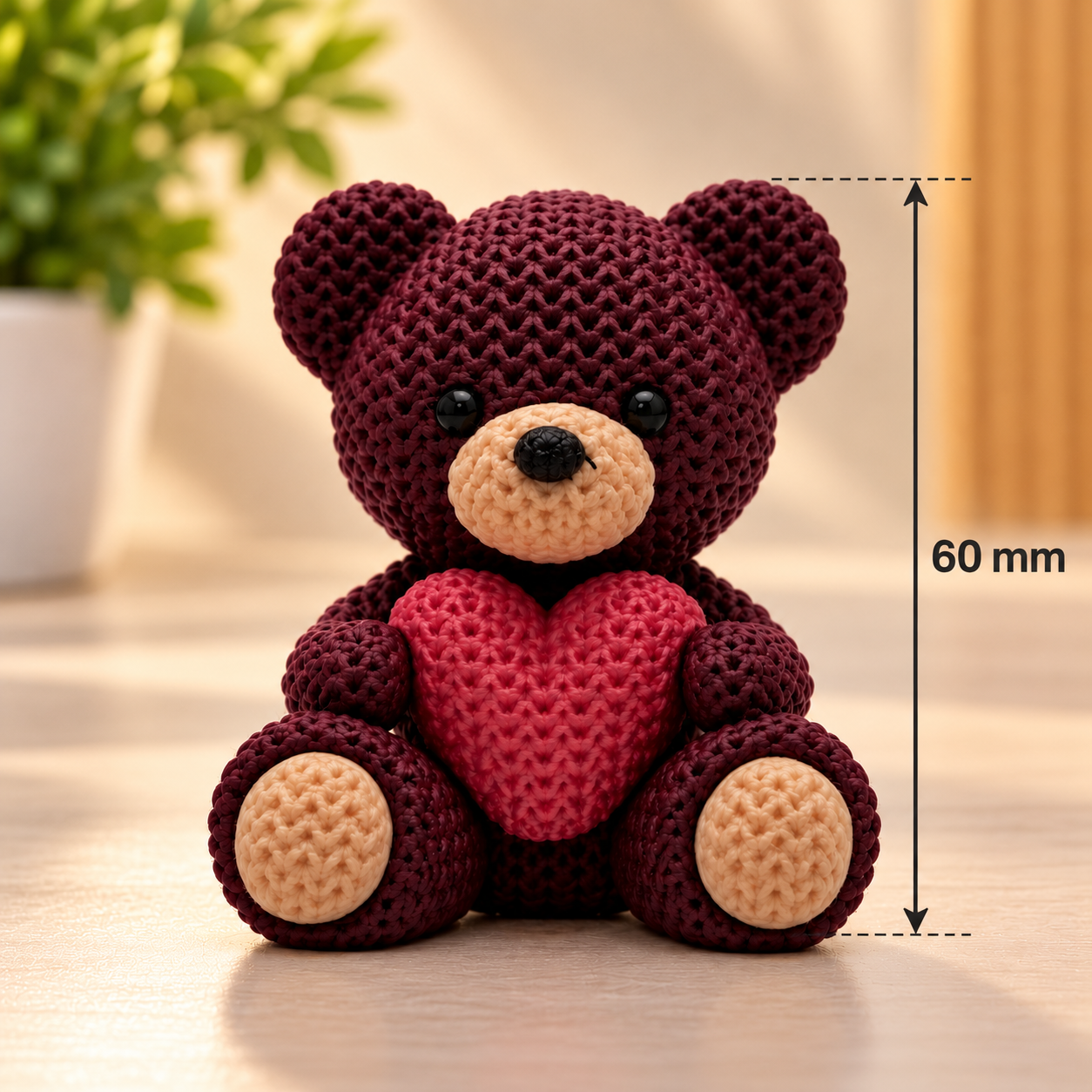 Urso de Crochê tricô com Coração 60 mm Decorativo Estilo Amigurumi 3D