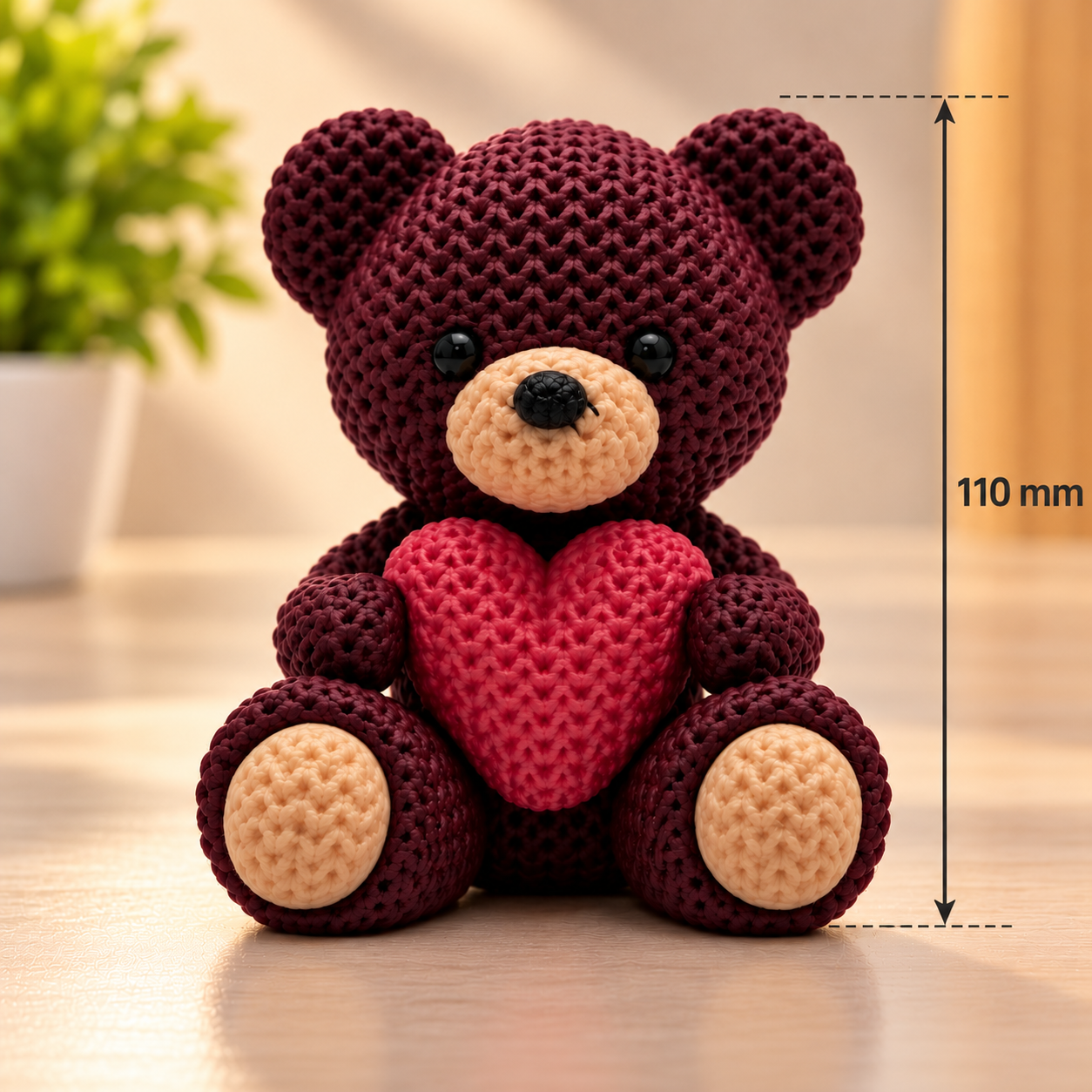 Urso de Crochê tricô com Coração 110 mm Decorativo Estilo Amigurumi 3D