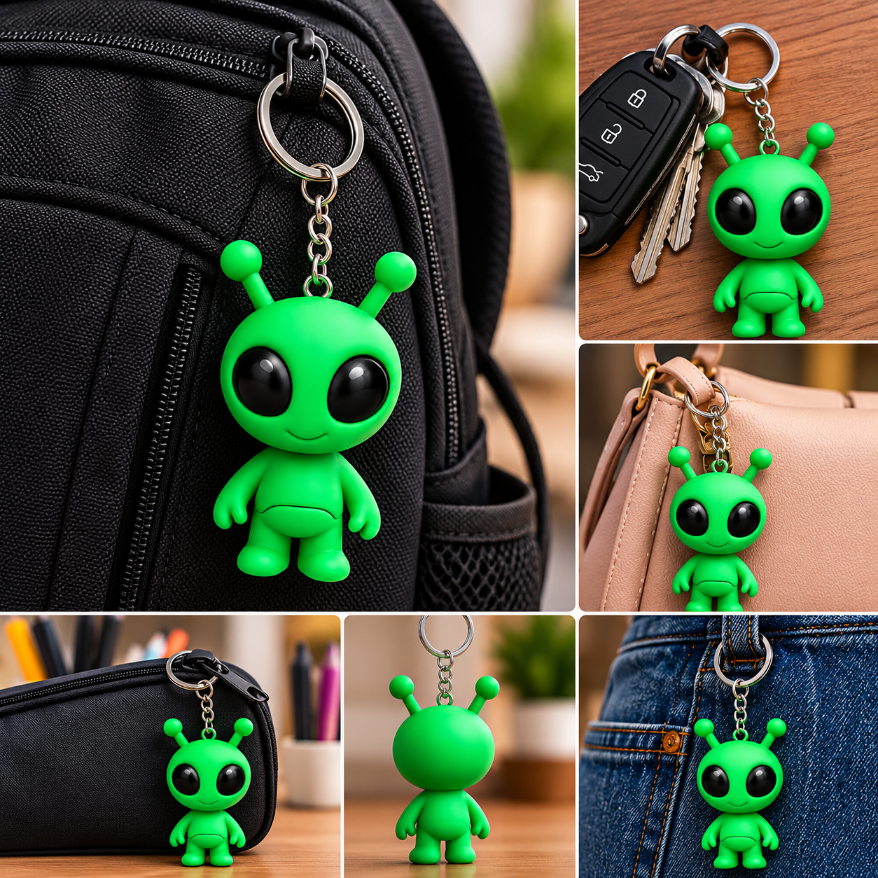 KIT 3 Chaveiro Alien Verde 3D Articulado Colecionável