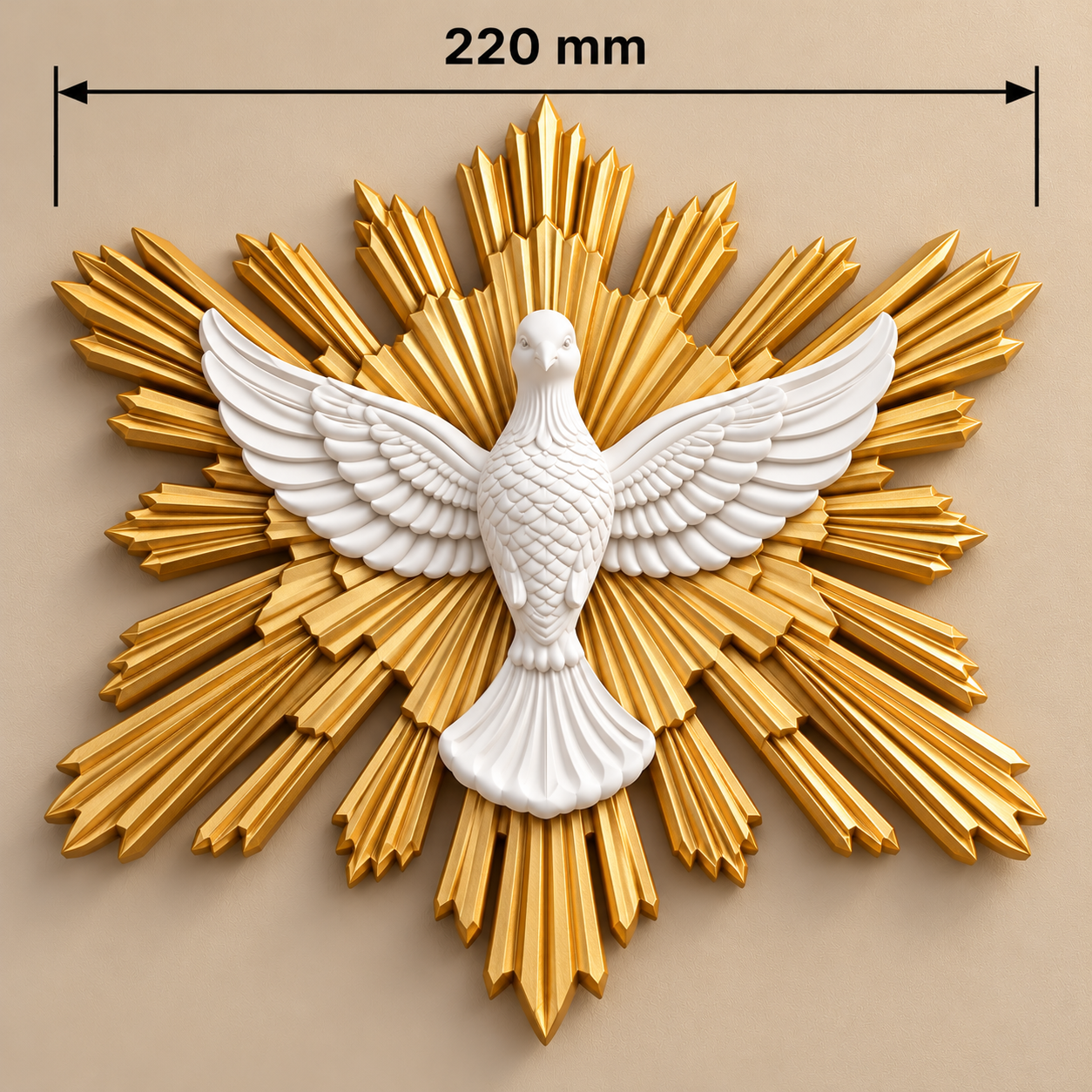 Divino Espírito Santo Decorativo Branco e dourado com Raios 22 cm para Parede em 3D