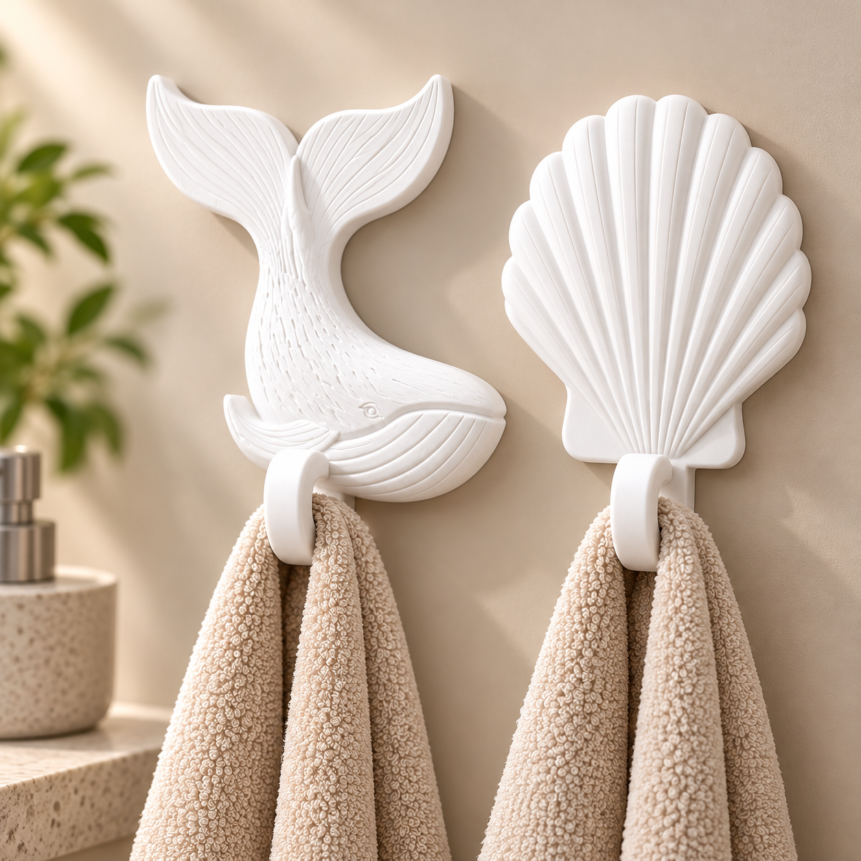 Kit 2 Ganchos de Parede Baleia e Concha Porta-Toalhas Organizador Decorativo