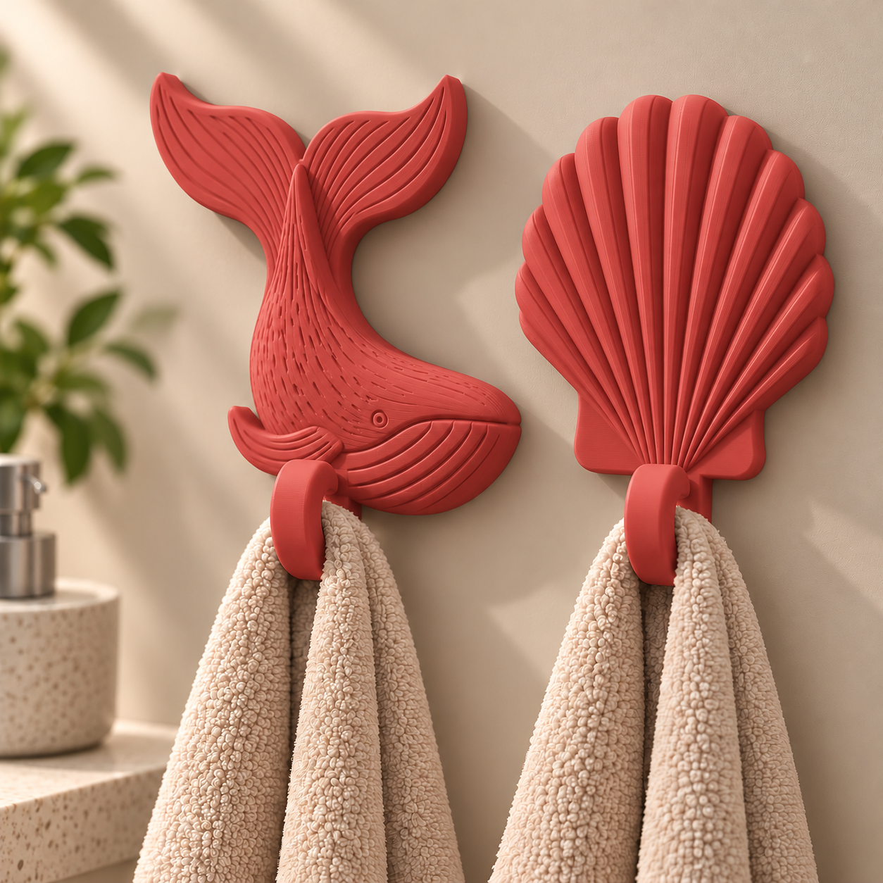 Kit 2 Ganchos de Parede Baleia e Concha Porta-Toalhas Organizador Decorativo