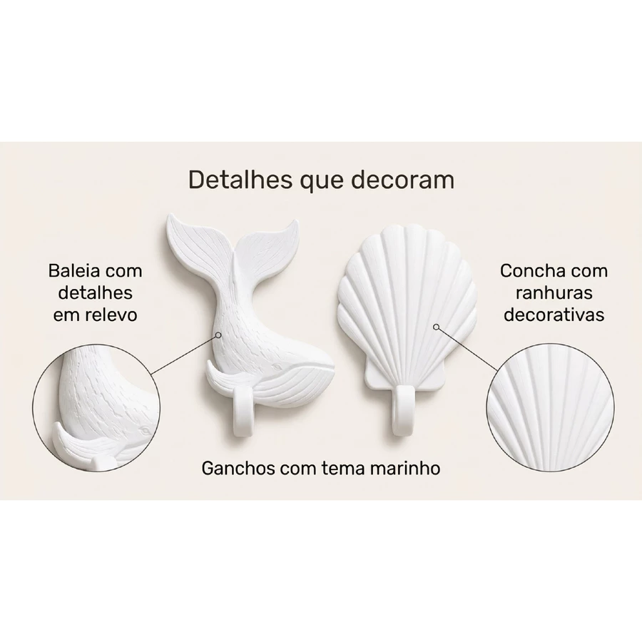 Kit 2 Ganchos de Parede Baleia e Concha Porta-Toalhas Organizador Decorativo