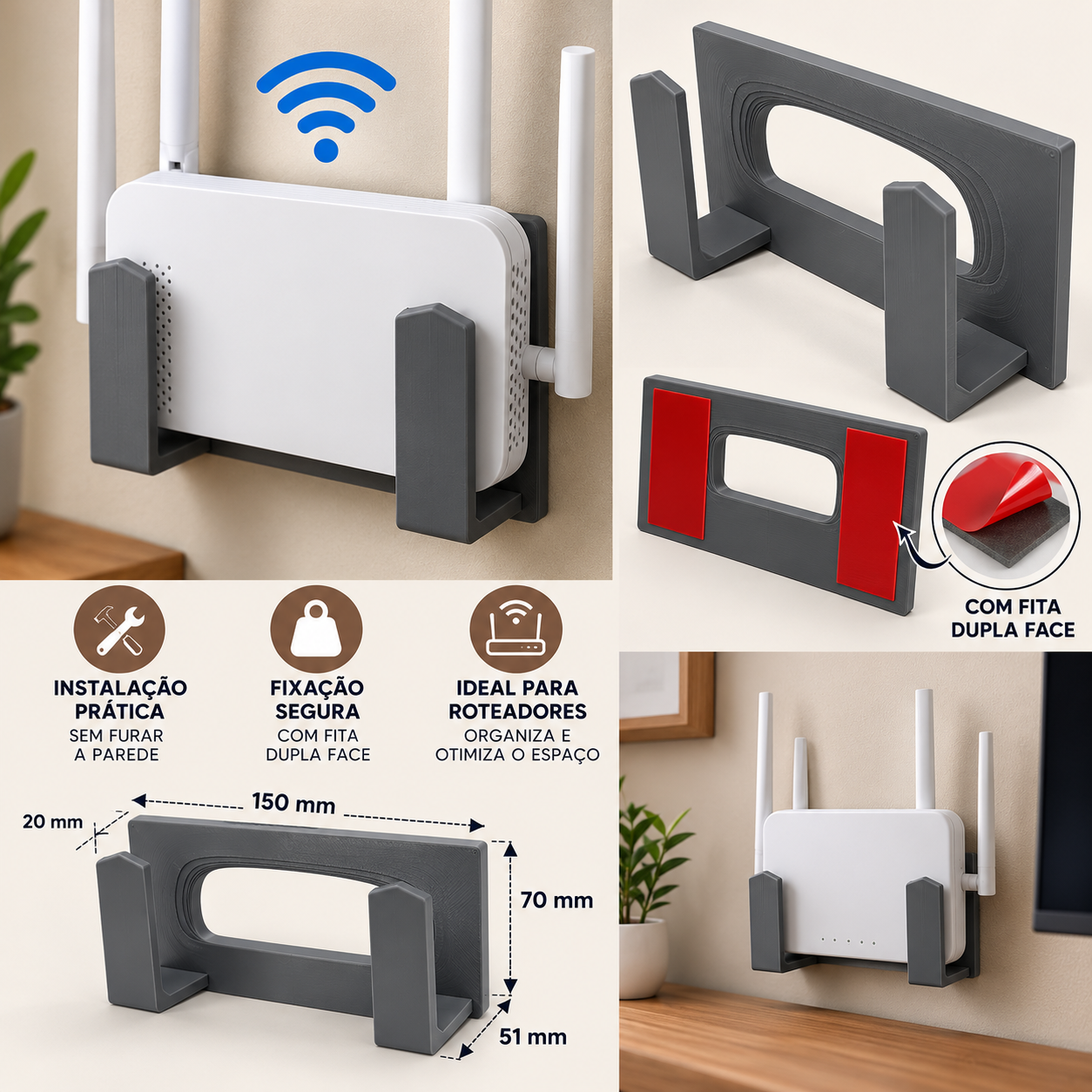 Suporte Roteador Modem Parede Sem Furo Fita 3M Adesivo Universal Organizador WiFi Internet