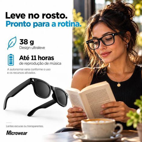 Óculos Inteligente Microwear W94 Bluetooth Fone Ouvido Open Ear Com IA ChatGPT E Lanterna LED
