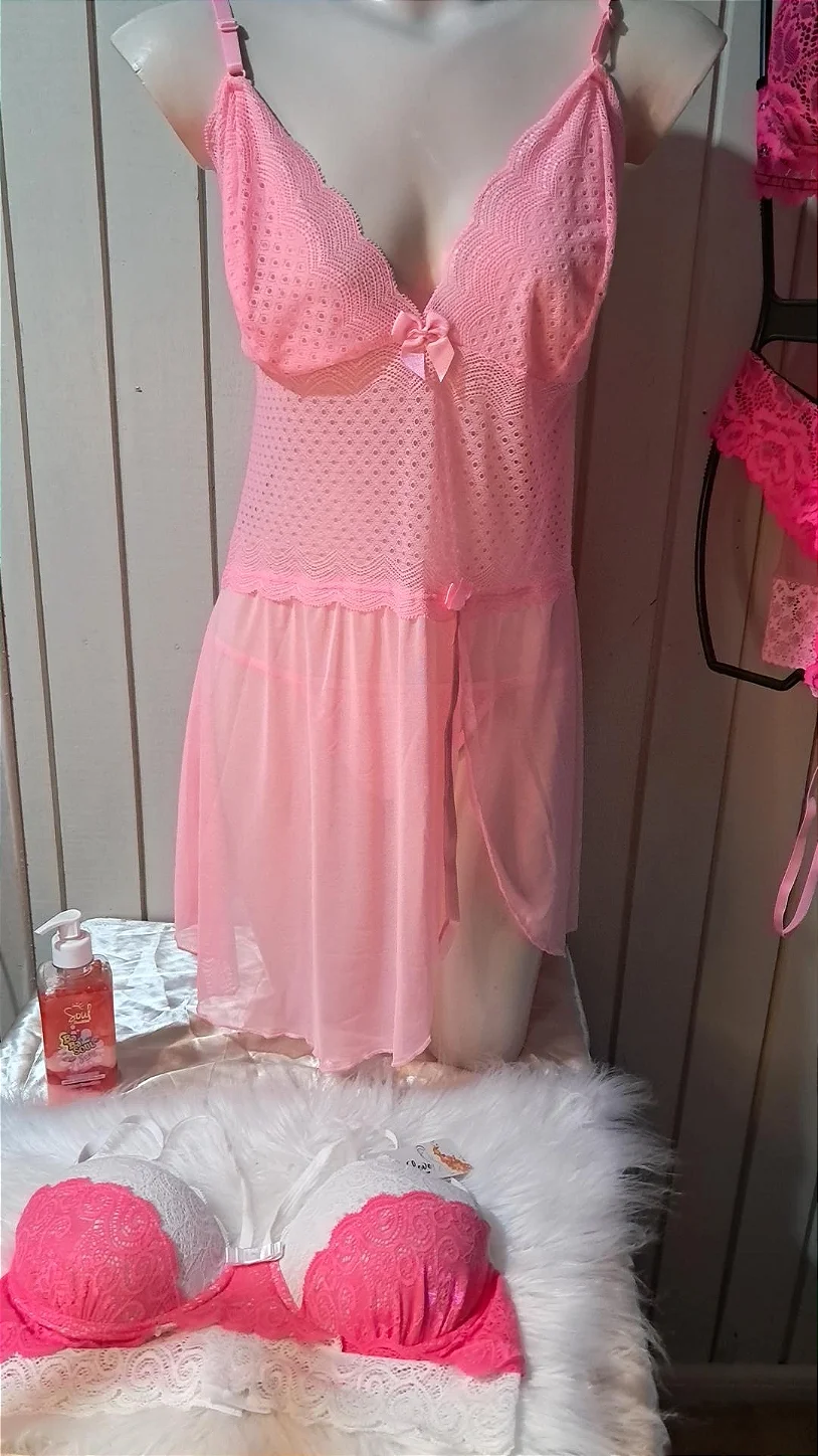Camisola com renda e fita plus tamanho 50 acompanha a calçinha