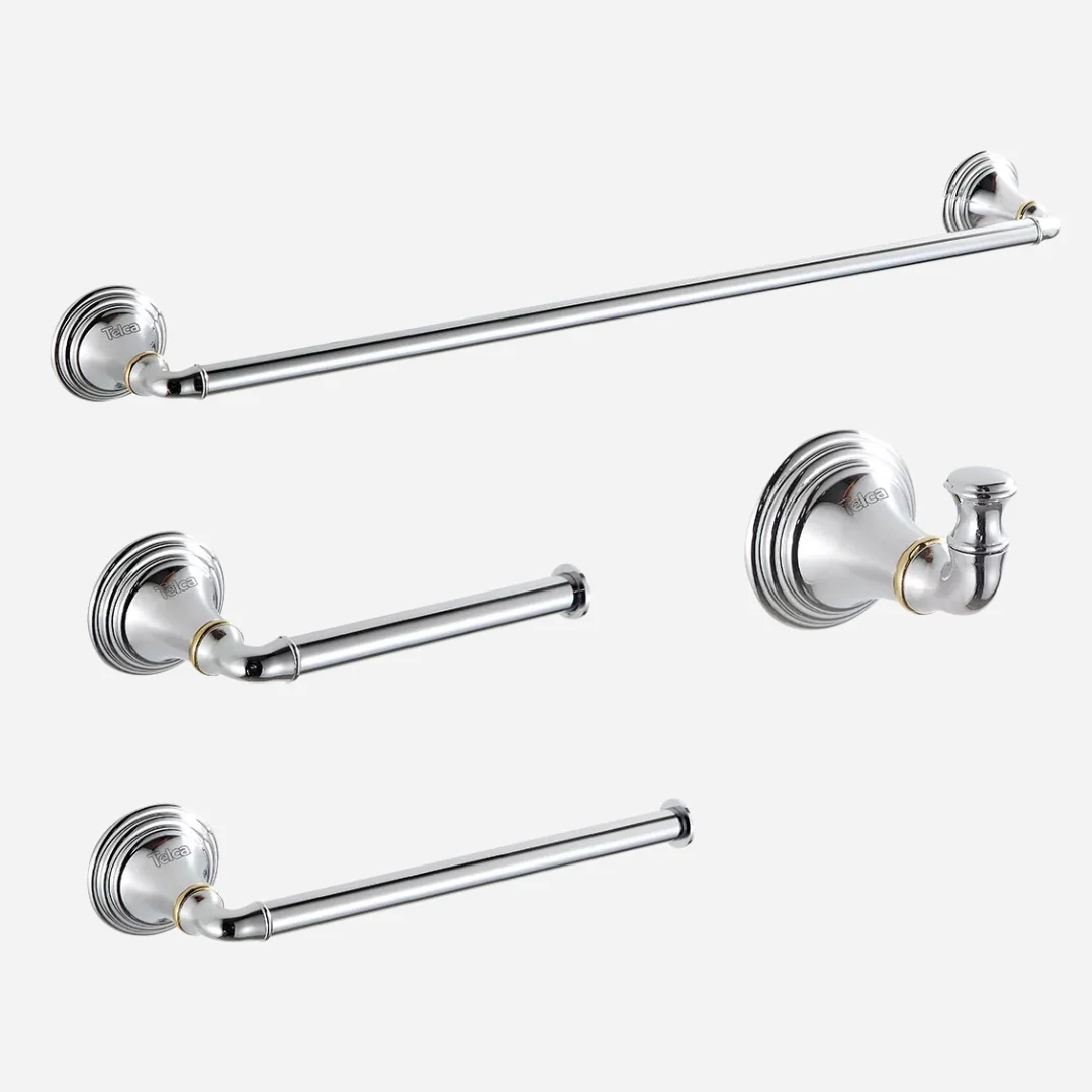 Kit de acessórios para banheiro com 4 peças em Aço Inox 304, acabamento bicolor e design Provençal.