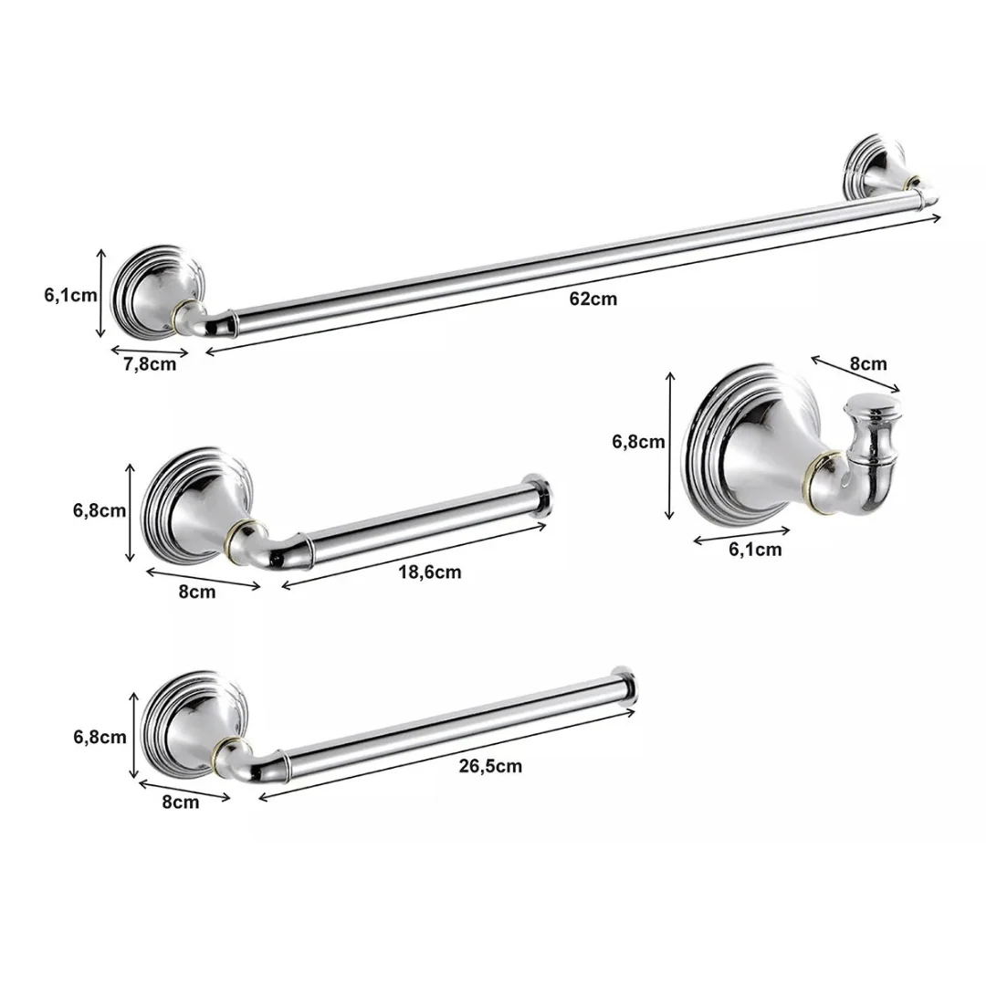 Kit de acessórios para banheiro com 4 peças em Aço Inox 304, acabamento bicolor e design Provençal.