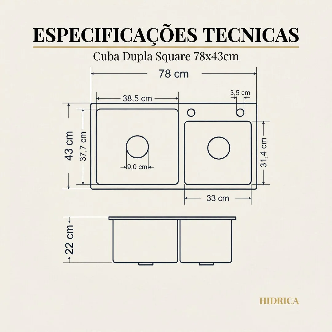 Hídrica Metais Cuba Dupla Square 78x43 Inox 304 Escovada
