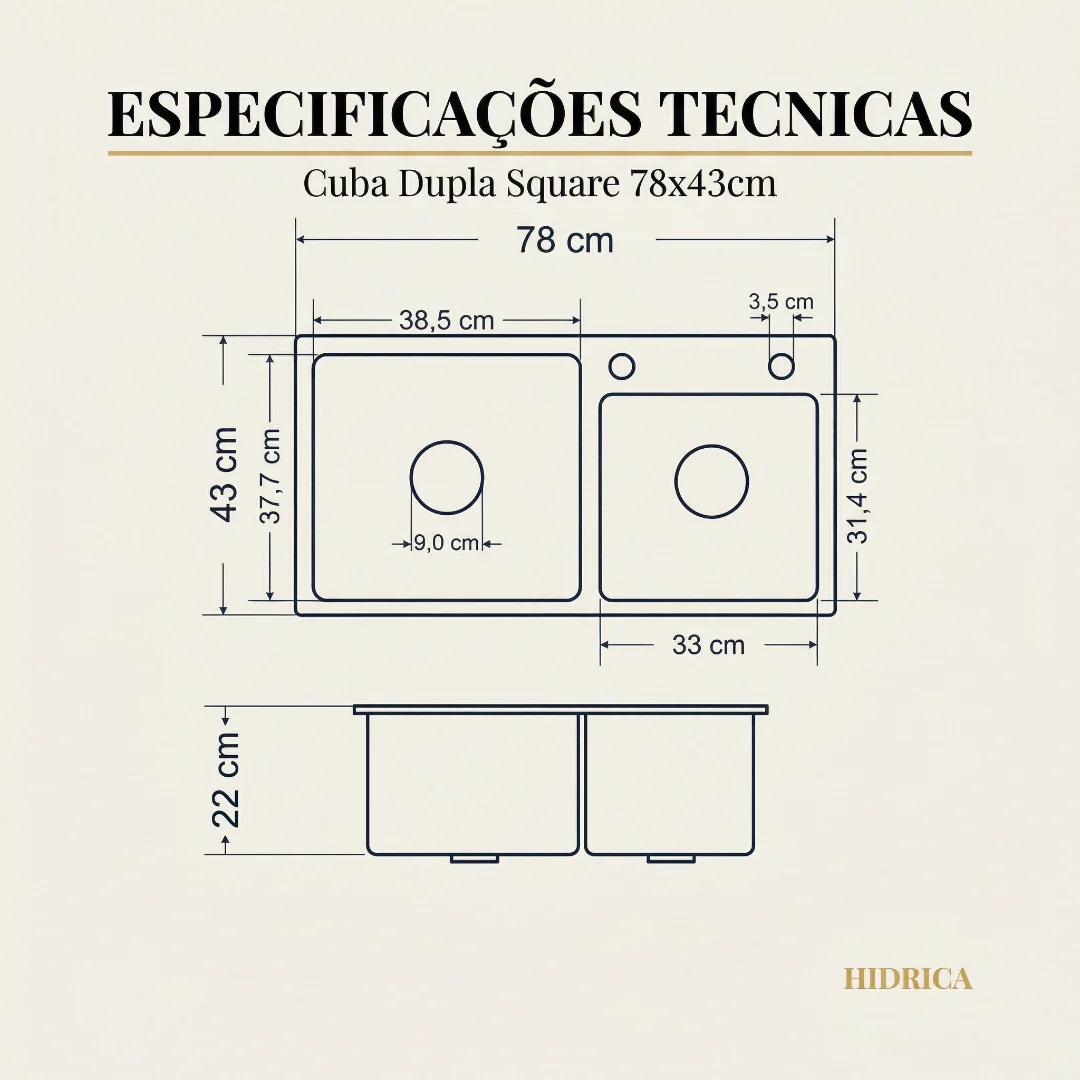 Hídrica Metais Cuba Dupla Square Inox 304 78x43 Preta