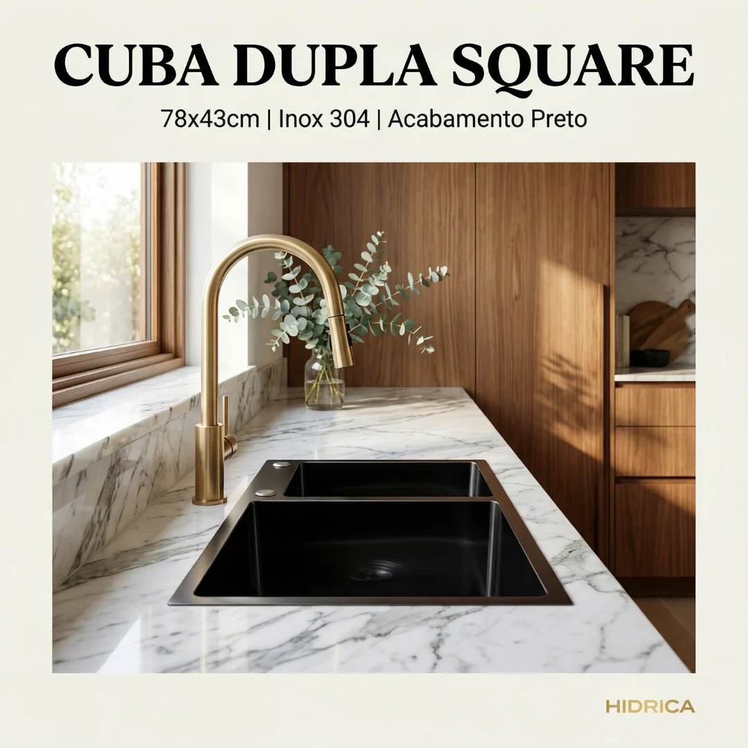 Hídrica Metais Cuba Dupla Square Inox 304 78x43 Preta