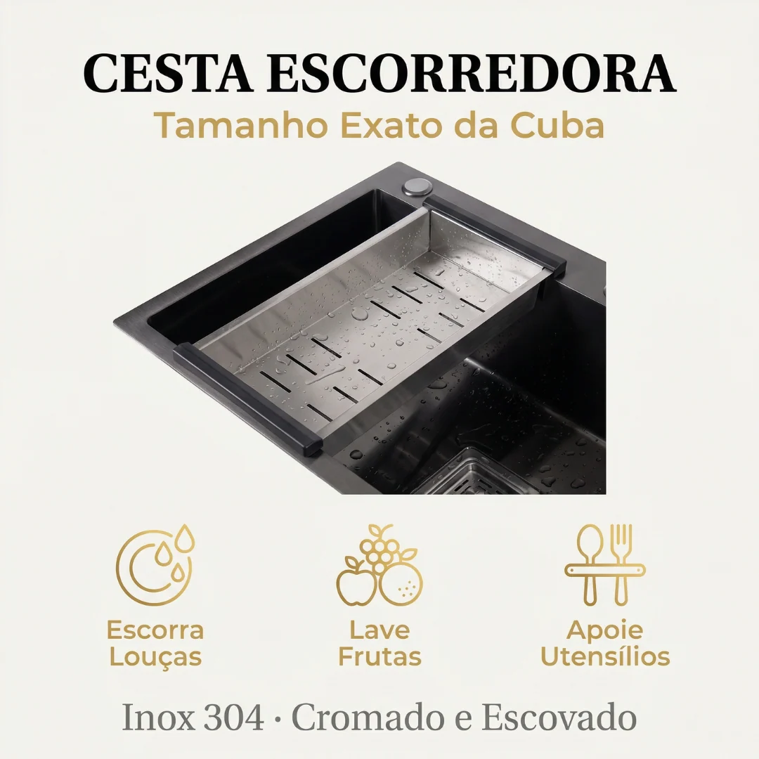 Hídrica Metais Cuba Gourmet Artisan 78x45 Inox 304 Preta