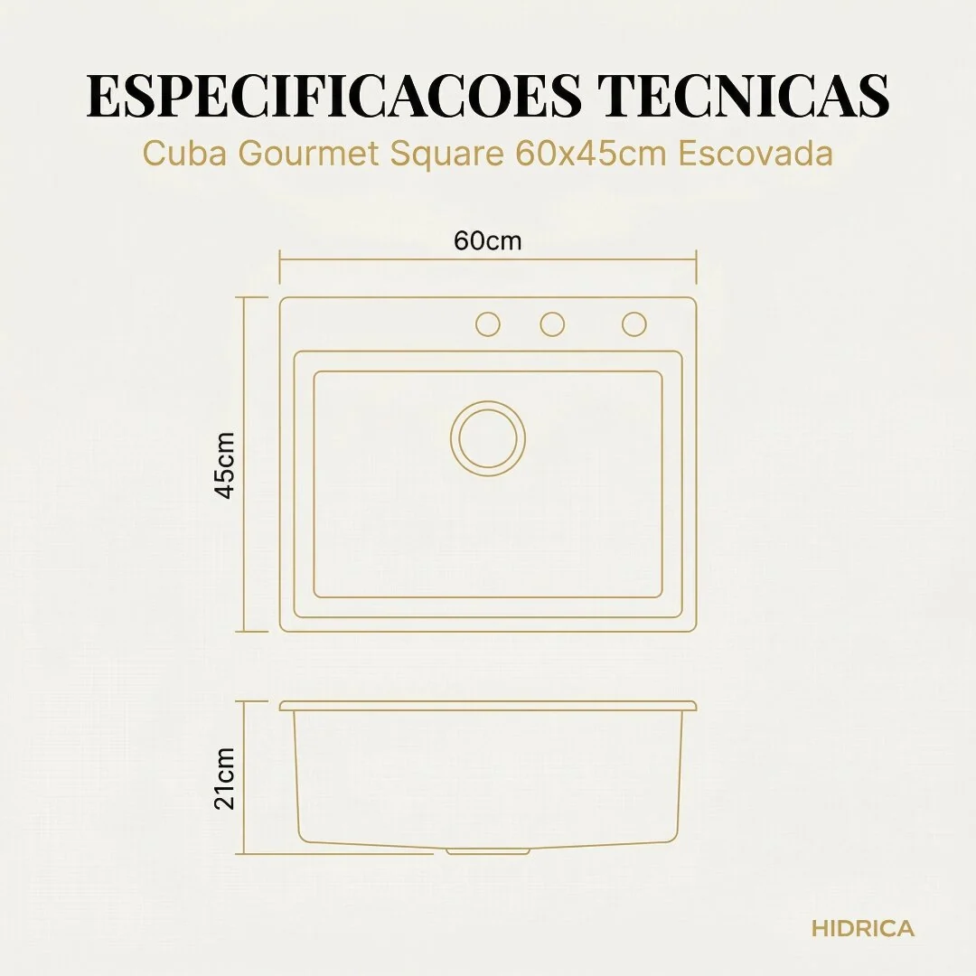 Hídrica Metais Cuba Gourmet Square 60x45 Preta Inox 304