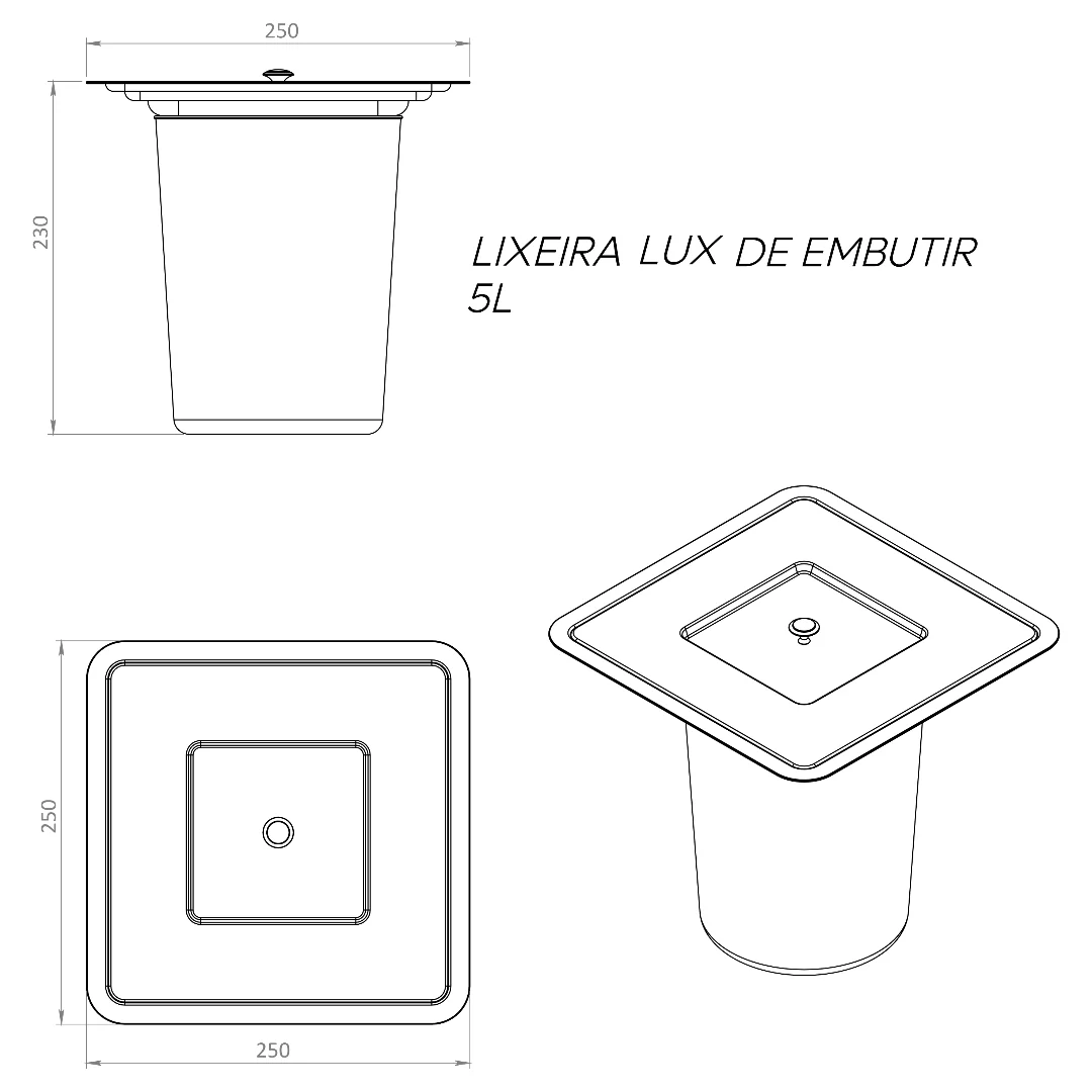 Hídrica Metais Lixeira de Embutir Quadrada Lux 5L Inox 304