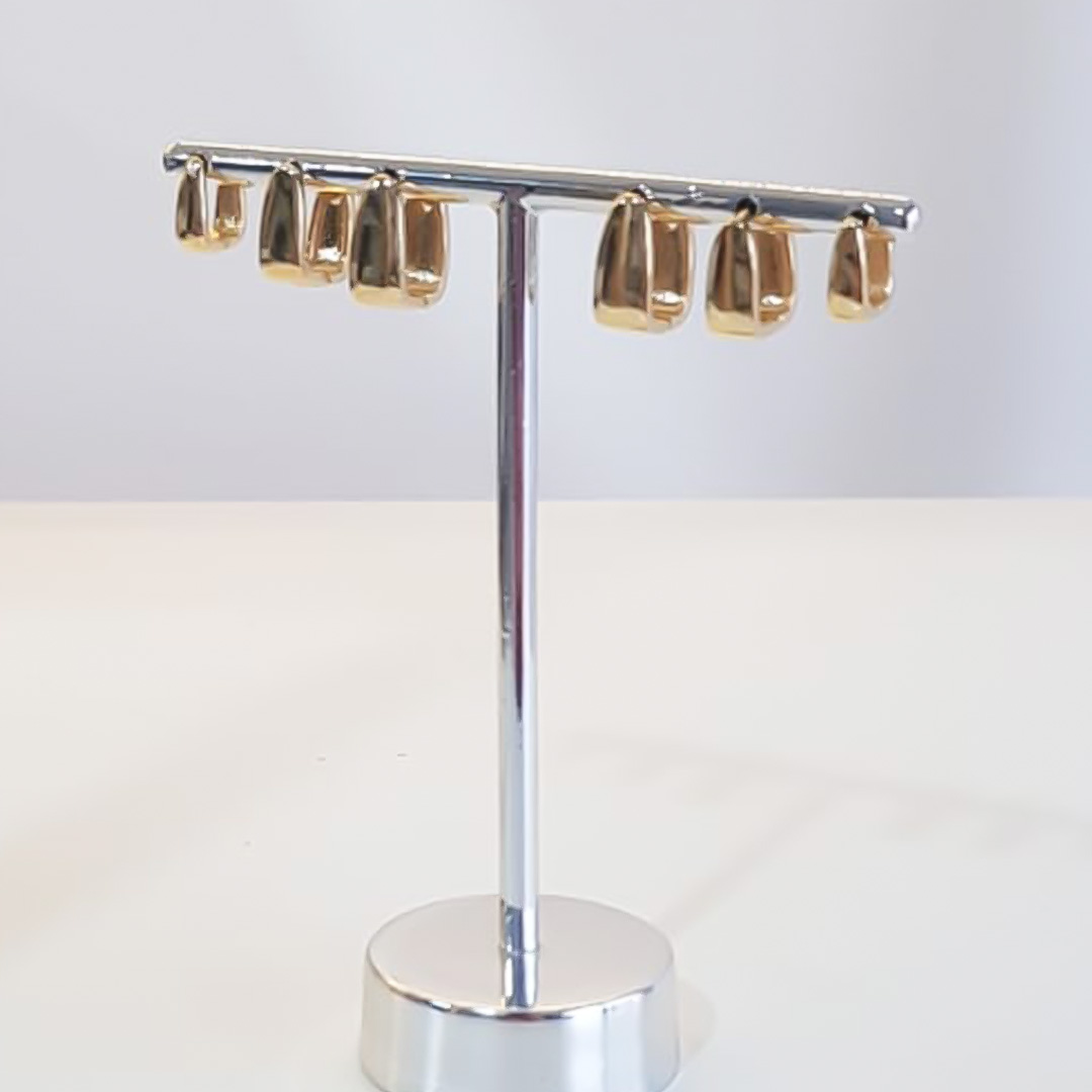 TRIO DE BRINCOS ARGOLA RETANGULAR BANHADO OURO 18K