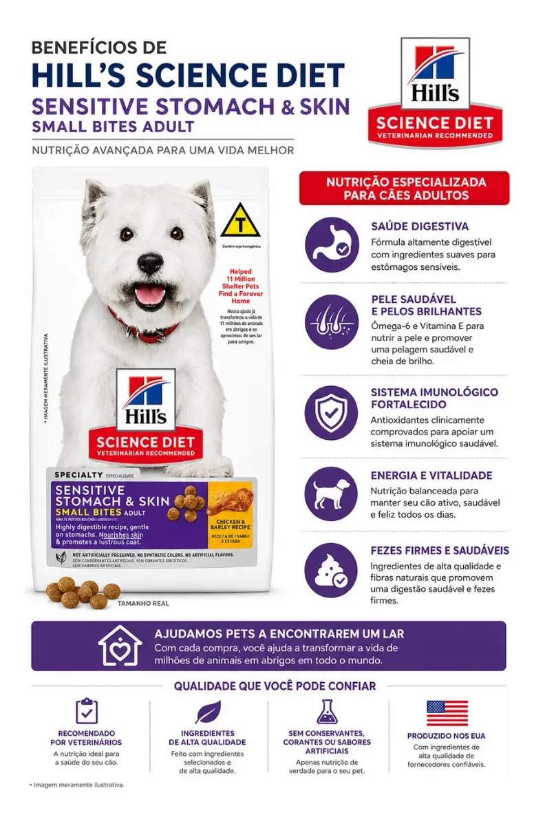 Ração Hill's Science Diet Pedaços Pequenos Pele Sensível para Cães Adultos 1,81 Kg