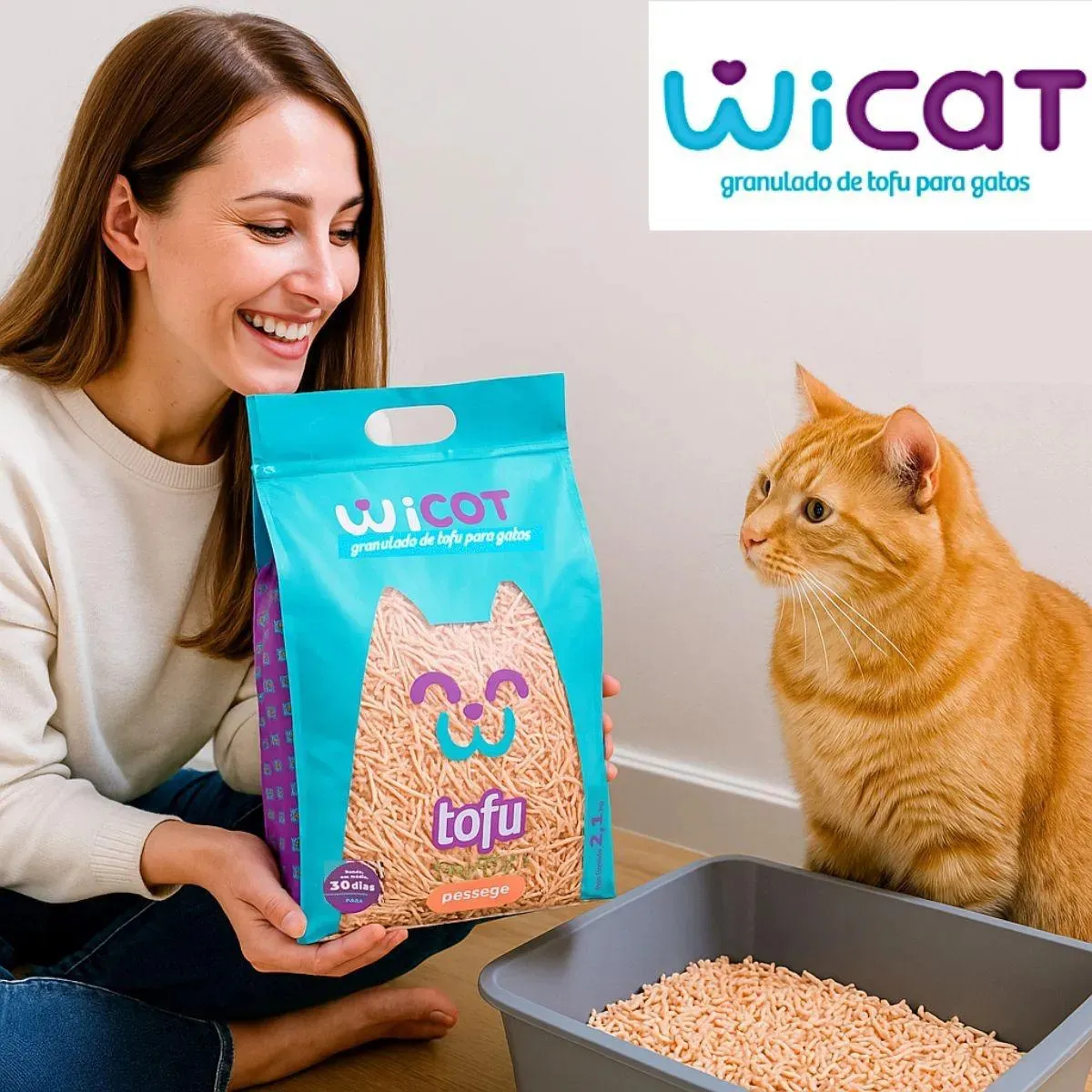 Areia de Gato Higiênica Biodegradável de Tofu Fragrância de Pêssego 2,1kg Wicat