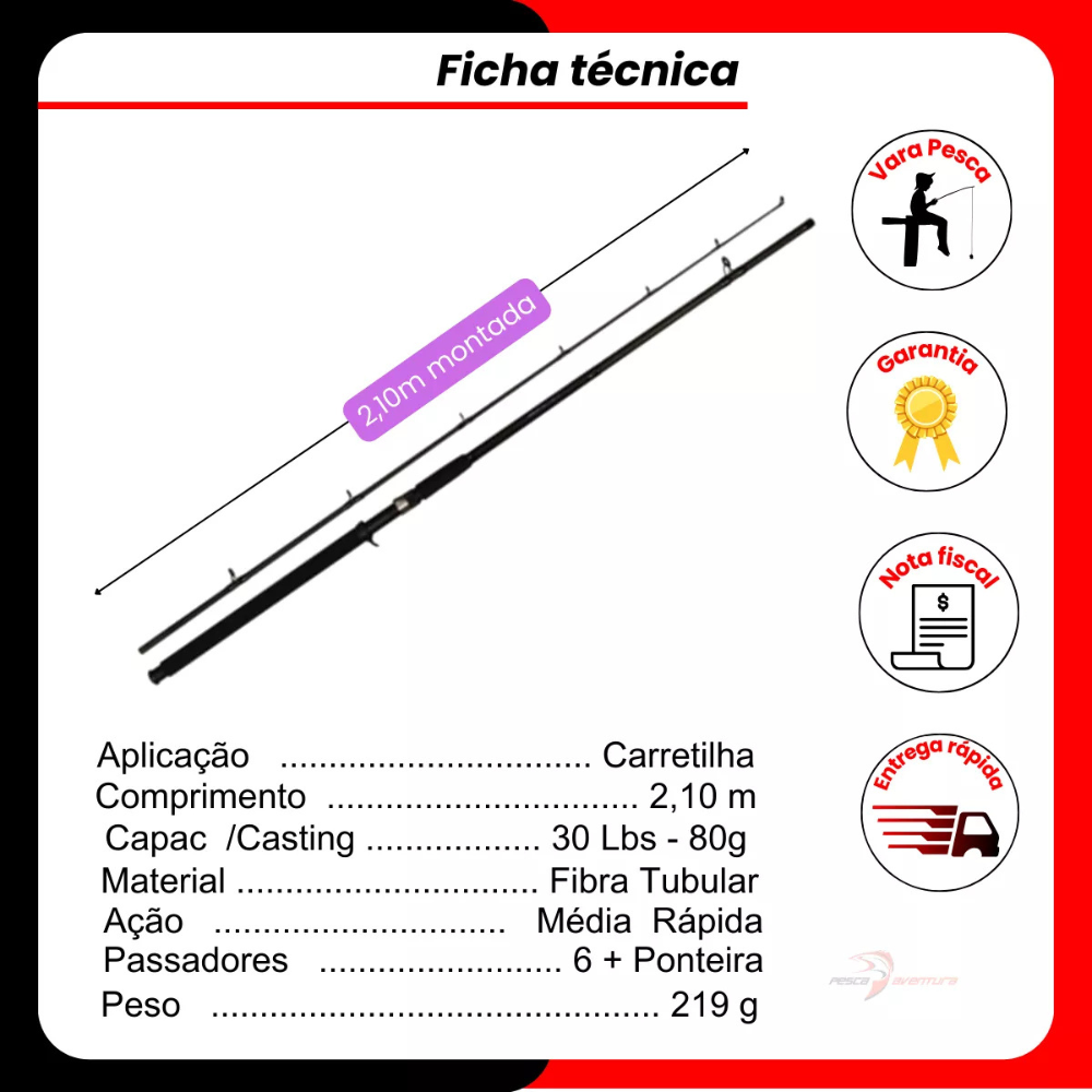 Vara Para Carretilha Falcon 2 Partes 2,10m 20-50lbs Lms Rods