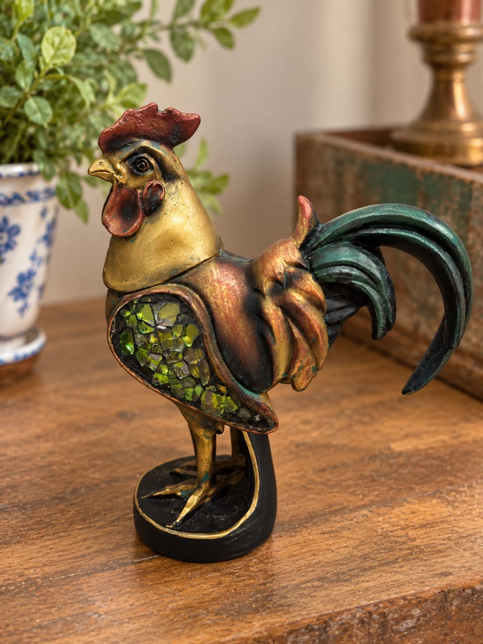Galinho Vintage de Resina com Mosaico – 13 cm