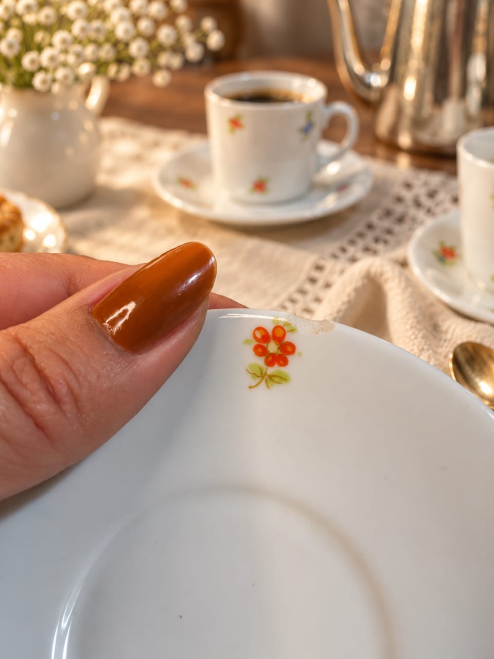 Conjunto Vintage Floral de 5 Xícaras com Pires – Porcelana Renner