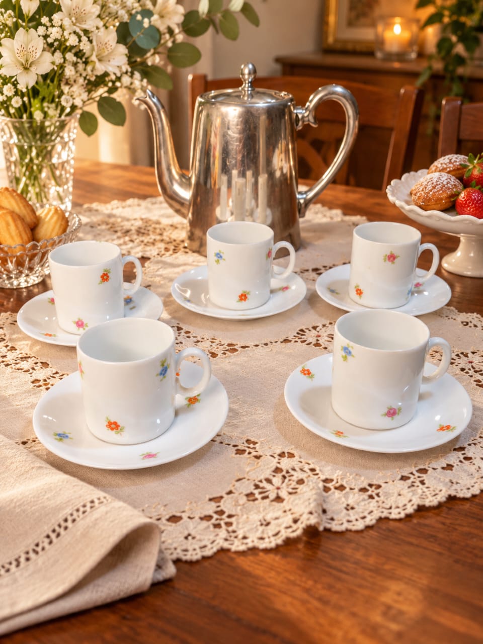 Conjunto Vintage Floral de 5 Xícaras com Pires – Porcelana Renner