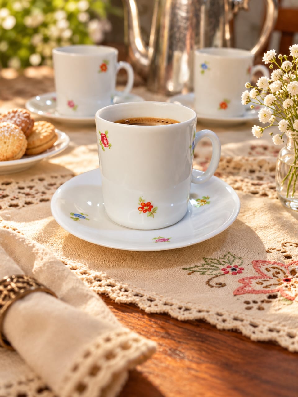 Conjunto Vintage Floral de 5 Xícaras com Pires – Porcelana Renner