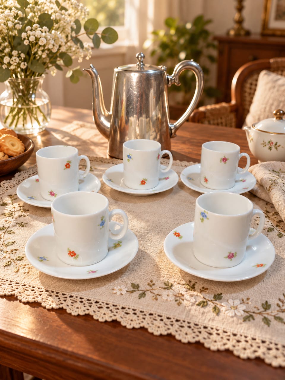 Conjunto Vintage Floral de 5 Xícaras com Pires – Porcelana Renner