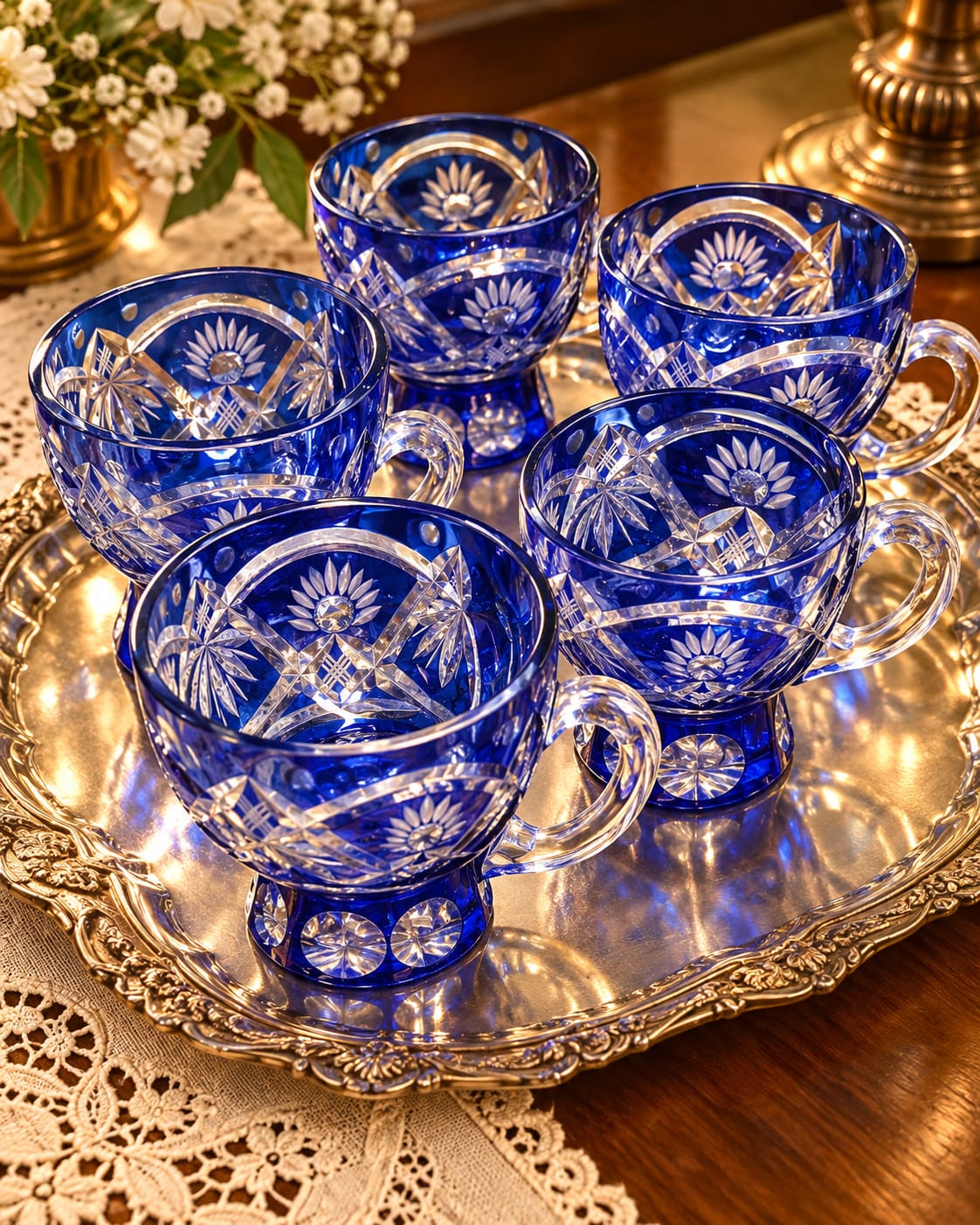 Conjunto de Xícaras Doble Overlay (República Tcheca) de lapidação manual