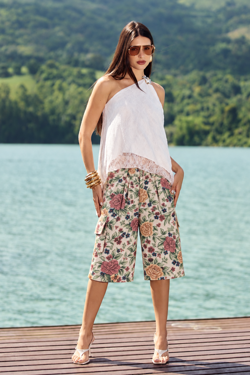 Bermuda Cargo Sarja Floral com Faixa