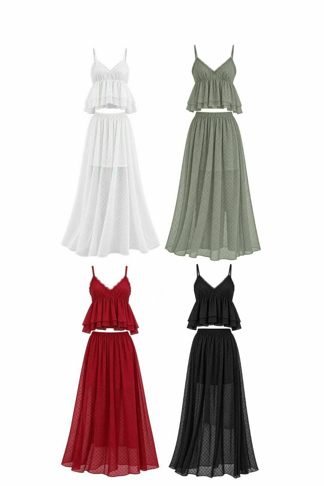 Conjunto Chiffon Texturizado Blusa Alça Fina com Camadas e Saia Longa