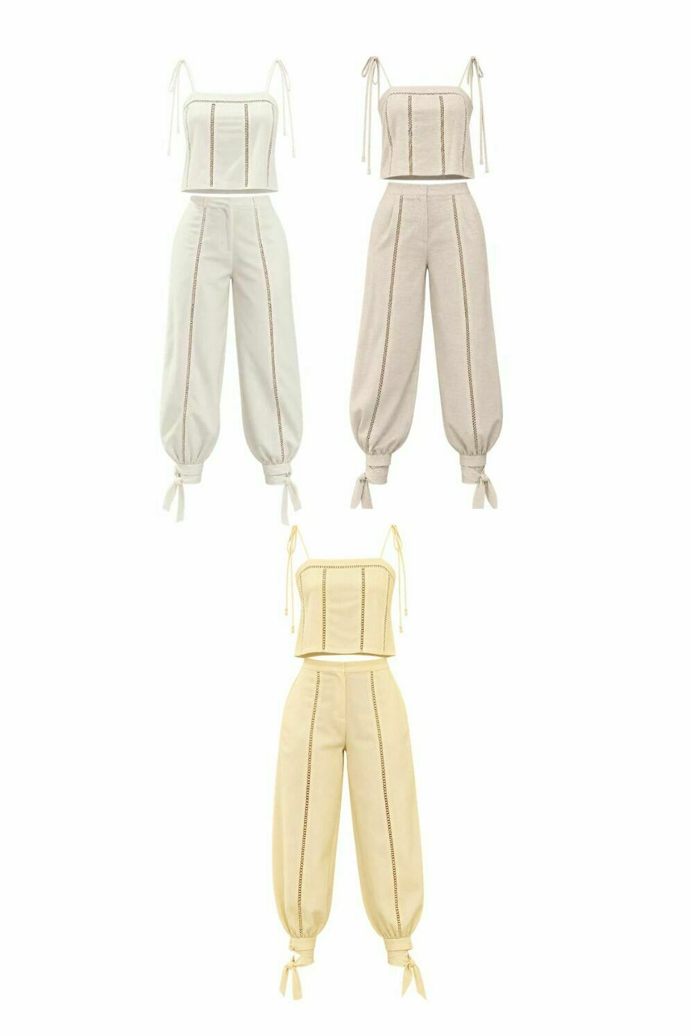Conjunto Linho Blusa com Entremeio Renda e Alça Cordão com Calça Aladim