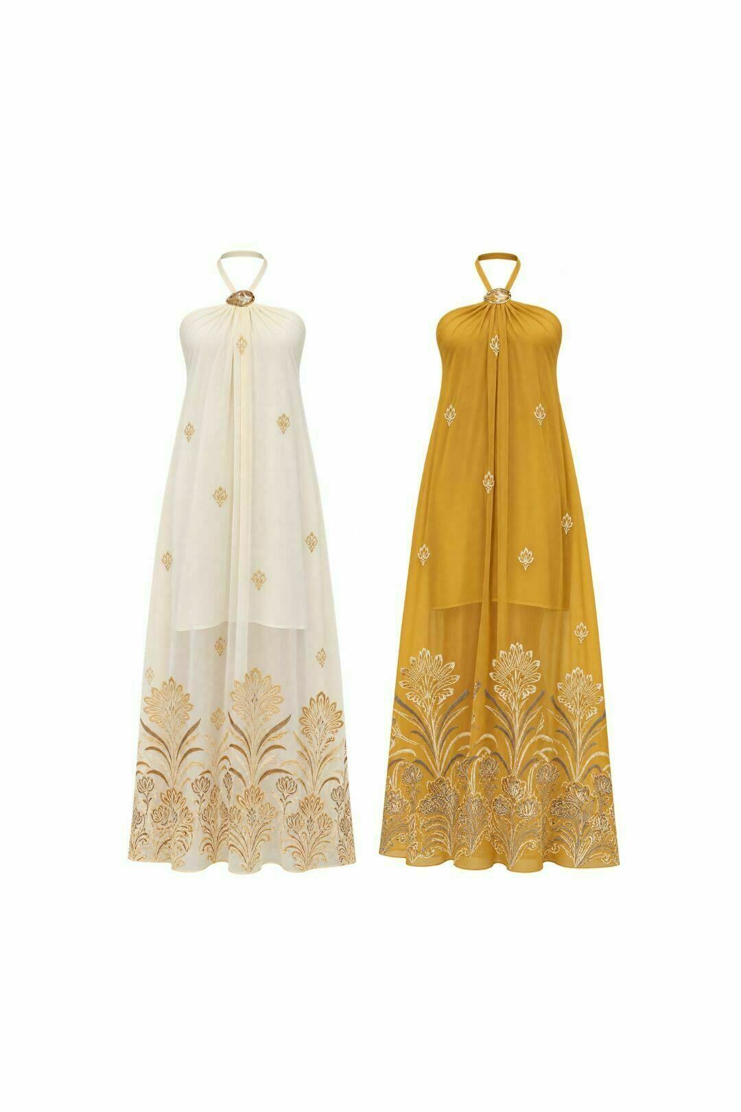 Vestido Chiffon Bordado Frente Única com Passante Metalizado