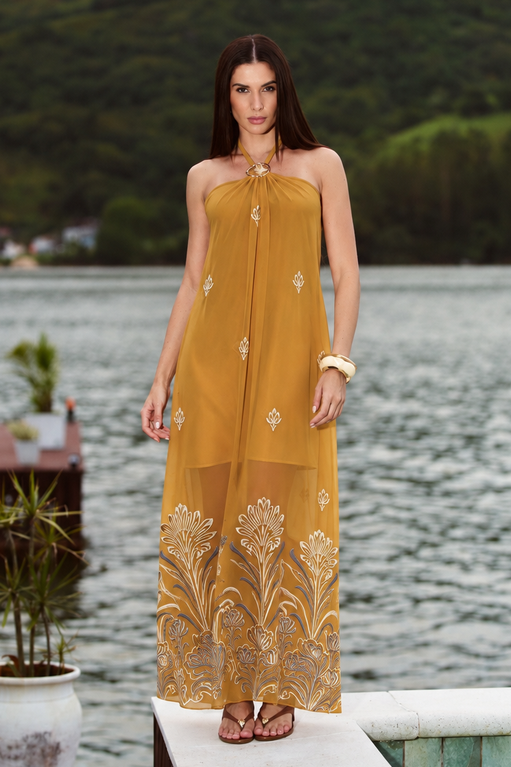 Vestido Chiffon Bordado Frente Única com Passante Metalizado