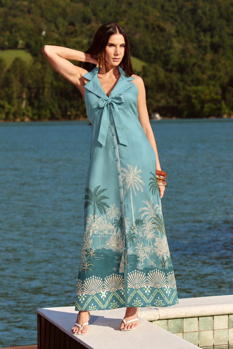 Vestido Algodão Frente Única com Barrado Estampado