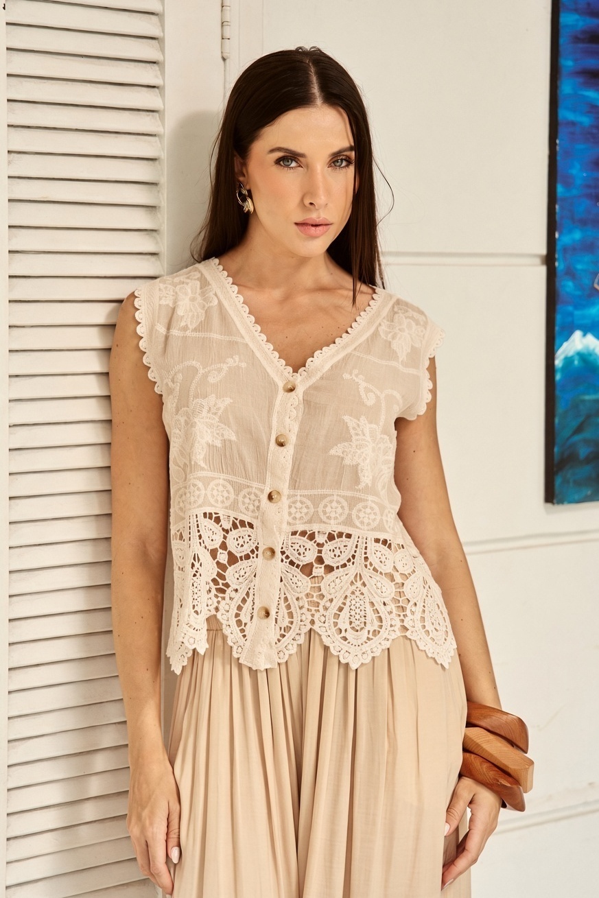 Blusa Algodão com Barrado Rendado