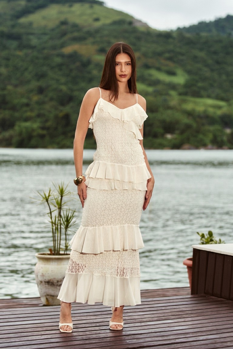 Vestido Alça Fina Renda com Babado em Chiffon